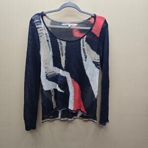 Rachel Roy Distressed Abstract Linen Blend Sheer Boho Sweater Blue Size Small